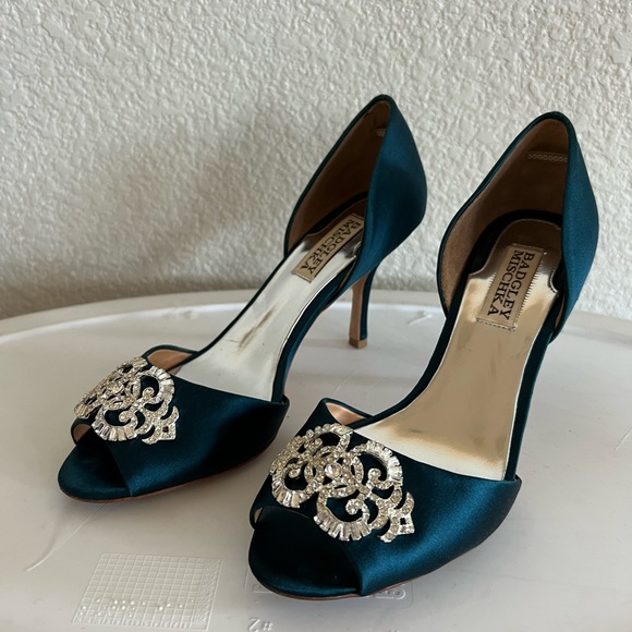 Badgley Mischka Teal Rhinestone Open Toe Heels - Picture 10 of 11